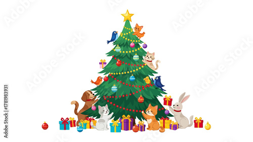 Festive Christmas Cheer with Animals: A vibrant Christmas tree, adorned with cheerful decorations, is surrounded by an assortment of adorable animal friends, creating a warm, festive atmosphere. 