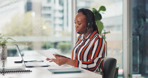 Telemarketing, document and woman with headset, call center or reading inquire for customer service. Talking, consultant and black person with mic for communication, paperwork and lead generation