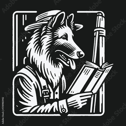 Black and white linocut illustration of an anthropomorphic dog reading a book.