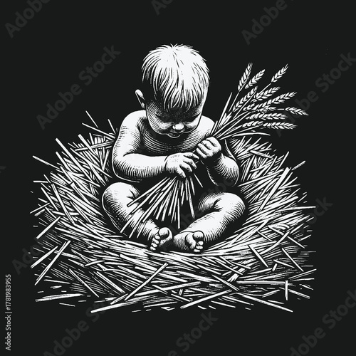 Monochrome vintage engraving of a baby sitting in a straw nest holding wheat.