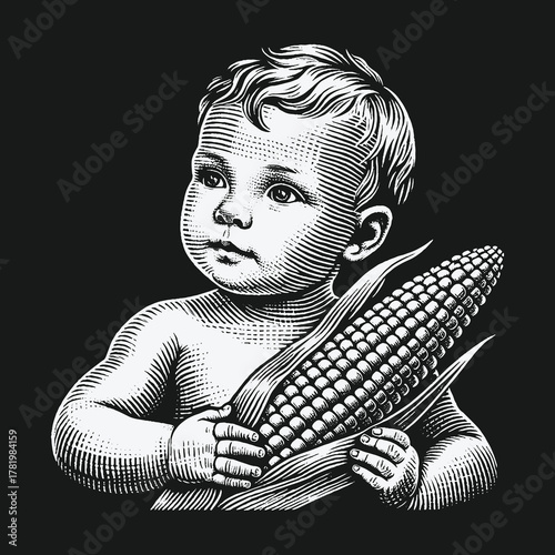 Vintage engraving of a cherubic baby holding an ear of corn.
