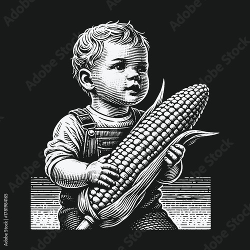Vintage woodcut illustration of a young child holding a large ear of corn.