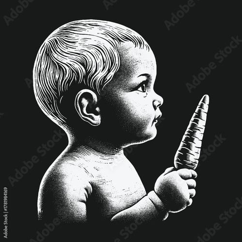 Vintage engraving style illustration of a baby holding a carrot.