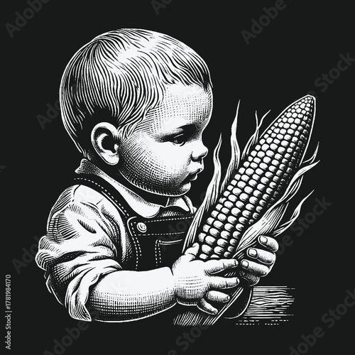 Vintage black and white engraving of a baby holding an ear of corn.