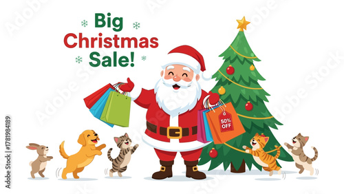 Festive Cheer and Generosity: Santa Claus, a beacon of festive cheer, is surrounded by an array of adorable creatures, laden with vibrant shopping bags.