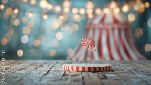 Vibrant 3D circus stage podium with red curtain, carnival lights, and vintage tent backdrop, featuring a spotlight and ringmaster.