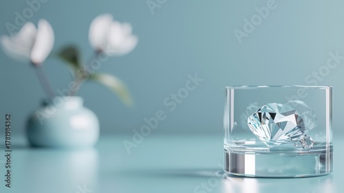 Crystal podium with diamond display and blue 3D background, featuring a glass platform for luxury jewelry.