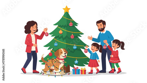 Festive Family and Dog Decorating a Christmas Tree: A joyous family, including a charming dog, gathers around a vibrant Christmas tree, adorning it with colorful ornaments and lights.