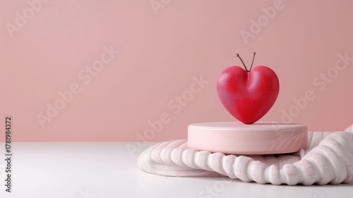 Pink podium with a red heart on a pink backdrop, designed for romantic product displays.
