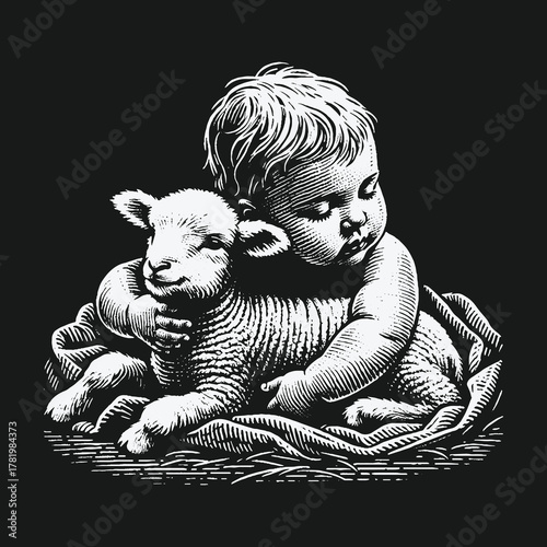 Innocent child tenderly embracing a gentle lamb vintage engraving.