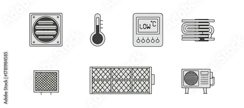 Air conditioning system components icons set on black background