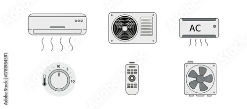 Air conditioning system components icons thermostat remote control vector illustration