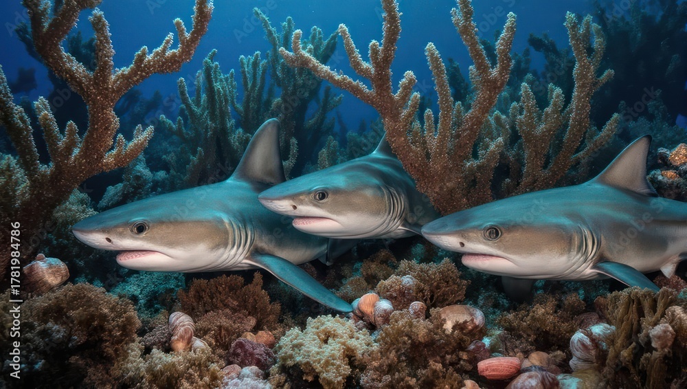 Fototapeta premium Three sharks swim in a vibrant coral reef environment, bathed in blue light