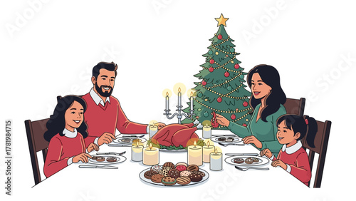Festive Feast: A family gathers around a table laden with holiday treats, bathed in the soft glow of candlelight, with the adorned tree as a backdrop, creating a scene of warmth and togetherness.