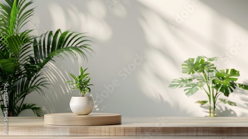 Green 3D podium in a lush forest, wooden base for product display, surrounded by white plants and tropical foliage.