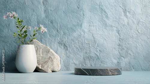 3D black podium on a stone wall background with rock texture and geometric marble elements, offering a minimalistic abstract stage for product display.