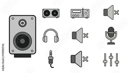 Audio equipment set icons speaker microphone headphones volume