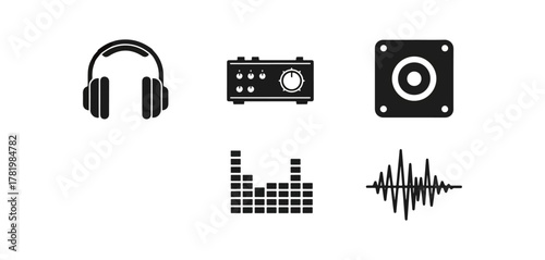 Audio icons set music sound headphones amplifier speaker