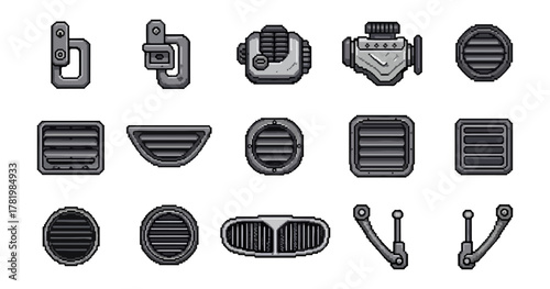 Automotive component icons engines grilles and mechanical elements