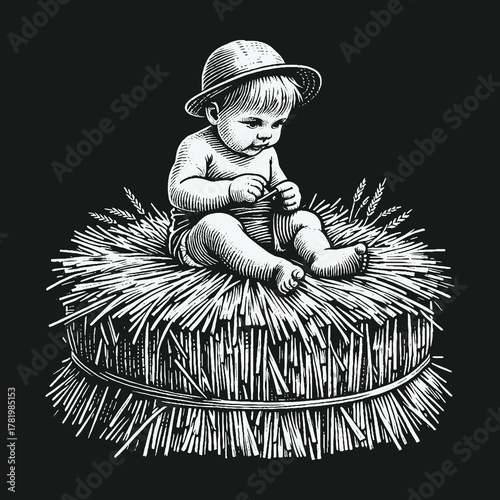 Vintage black and white illustration of a baby sitting on a haystack.