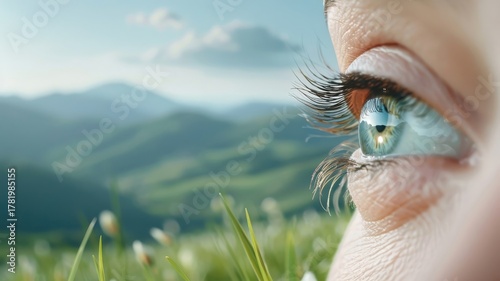 A nature-inspired poster featuring an eye on a landscape, emphasizing improved quality of life.