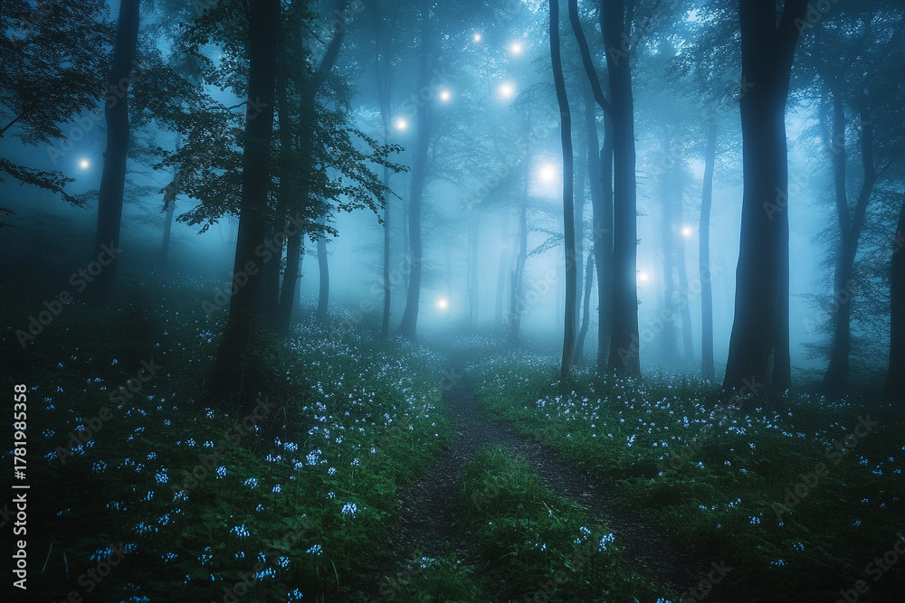 Fototapeta premium foggy night in an ancient forest, where glowing stars cast long, ethereal shadows on the forest floor