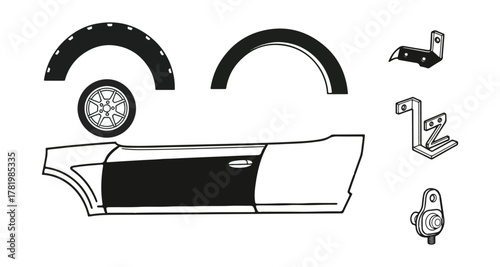 Automotive component set isolated on black background