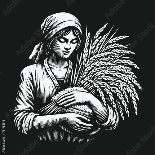 Rustic Farmer Woman with Wheat Harvest in Engraving Style.
