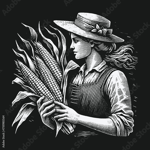 Vintage engraving style illustration of a female farmer holding corn.