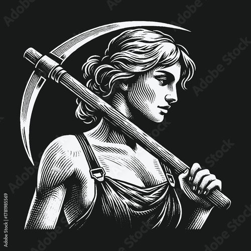 Classical woman with a scythe in a black and white woodcut style.