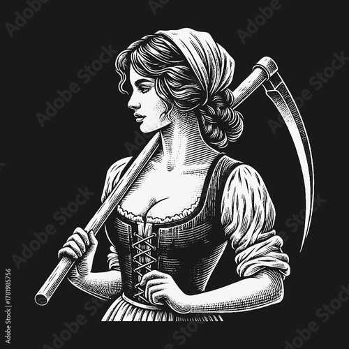 Vintage Engraving Style Illustration of a Peasant Woman with a Scythe.