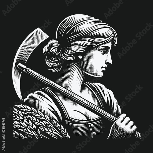 Vintage engraving style illustration of a woman holding a scythe and a sheaf of wheat.