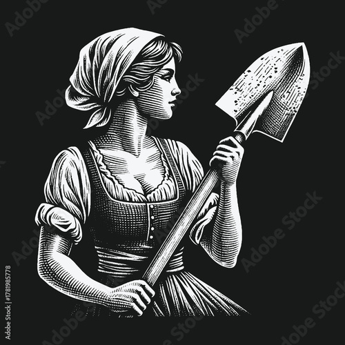 Vintage engraving style illustration of a strong farmer woman holding a shovel.