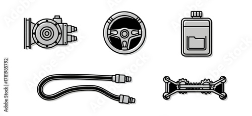 Automotive components and parts in grayscale illustration