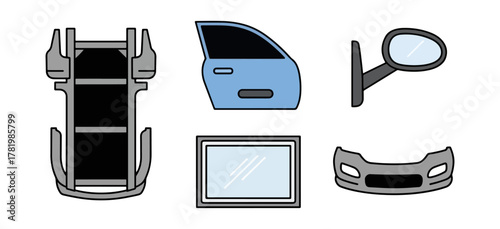 Automotive components illustration blue door mirror windscreen car body