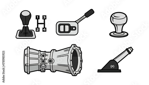 Automotive components illustration gear shift hand brake and mechanical parts