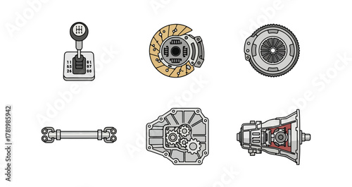 Automotive components illustration gear stick clutch and transmission parts
