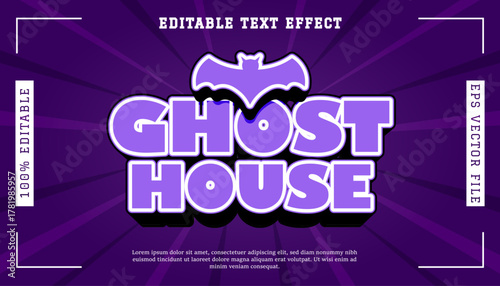 Purple Ghost House Text Effect with Bat Icon and Burst Background