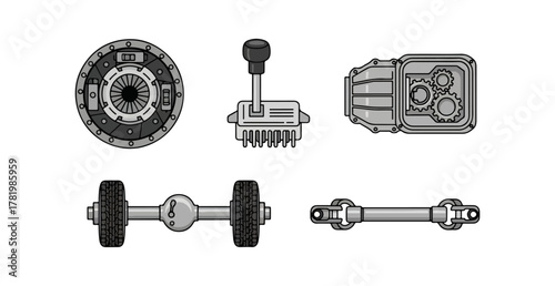 Automotive components illustration gearbox clutch transmission driveshaft