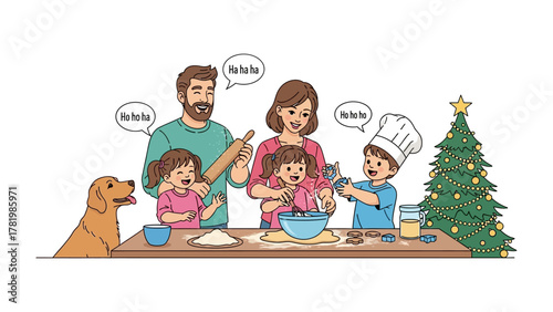 Baking Christmas Treats: A cheerful family creates lasting memories while baking festive treats, embodying the spirit of Christmas, love, and togetherness.