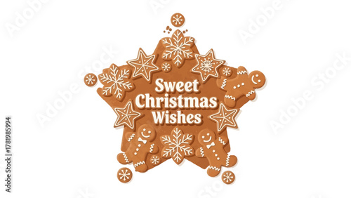 Sweet Christmas Wishes: A festive gingerbread star proclaims sweet Christmas wishes. Decorated with gingerbread man, star, snowflake decorations. Capture the spirit of the Christmas holiday.