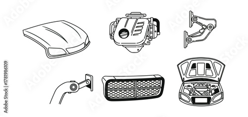 Automotive components illustration set engine hood radiator grill vector