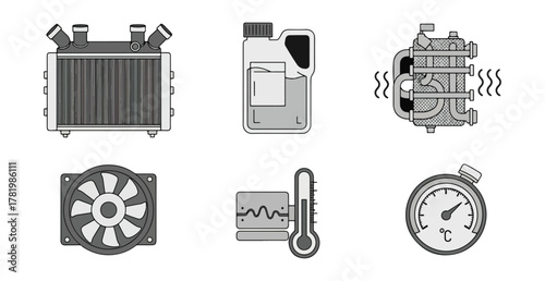 Automotive components illustration radiator engine fan gauge thermostat liquid container