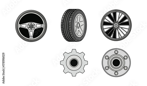 Automotive components illustration set steering wheel tires gears