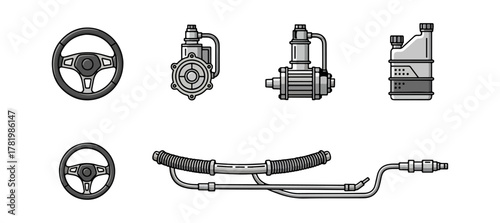 Automotive components illustration set steering wheels engine parts vector graphics