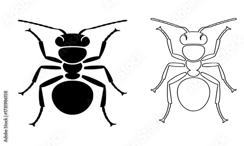 Ant Insect Silhouette and Outline Set, Black and White Simple Icon Illustration, Top View Pest Control Symbol, Entomology Vector Graphic, Minimalist Animal Clip Art