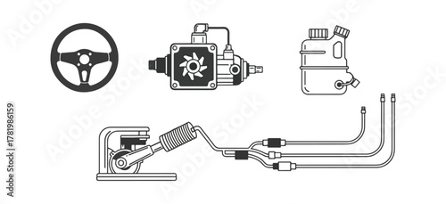 Automotive components illustration steering wheel engine and fuel system vector
