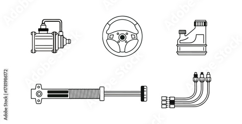 Automotive components illustration steering wheel pump reservoir axle pipes isolated on black