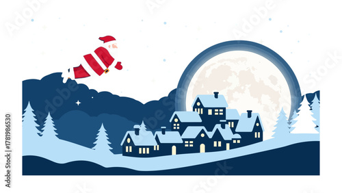 Santa's Christmas Eve Journey: Witness the magic of Christmas Eve as Santa Claus soars across the starry sky, delivering joy to the sleeping town below, a magical sight under the full moon.