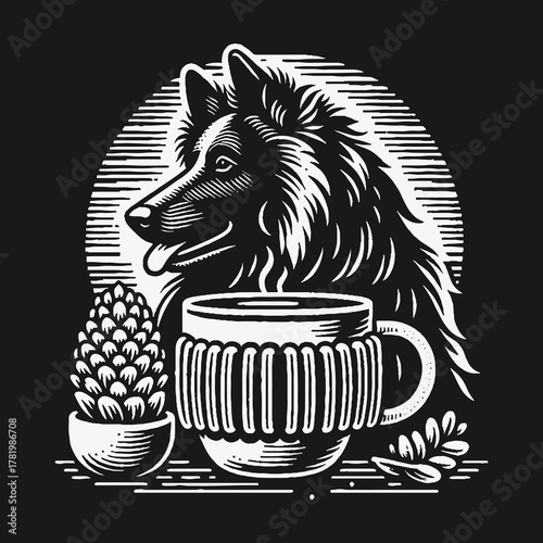 Vintage woodcut style illustration of a dog with a beer mug and hop cone.